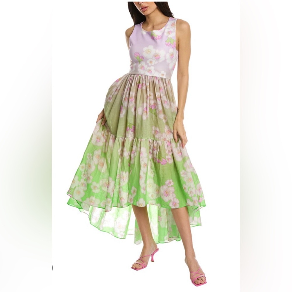 Cynthia Rowley Ramie Tiered Dress Lavender & Green Floral Size M